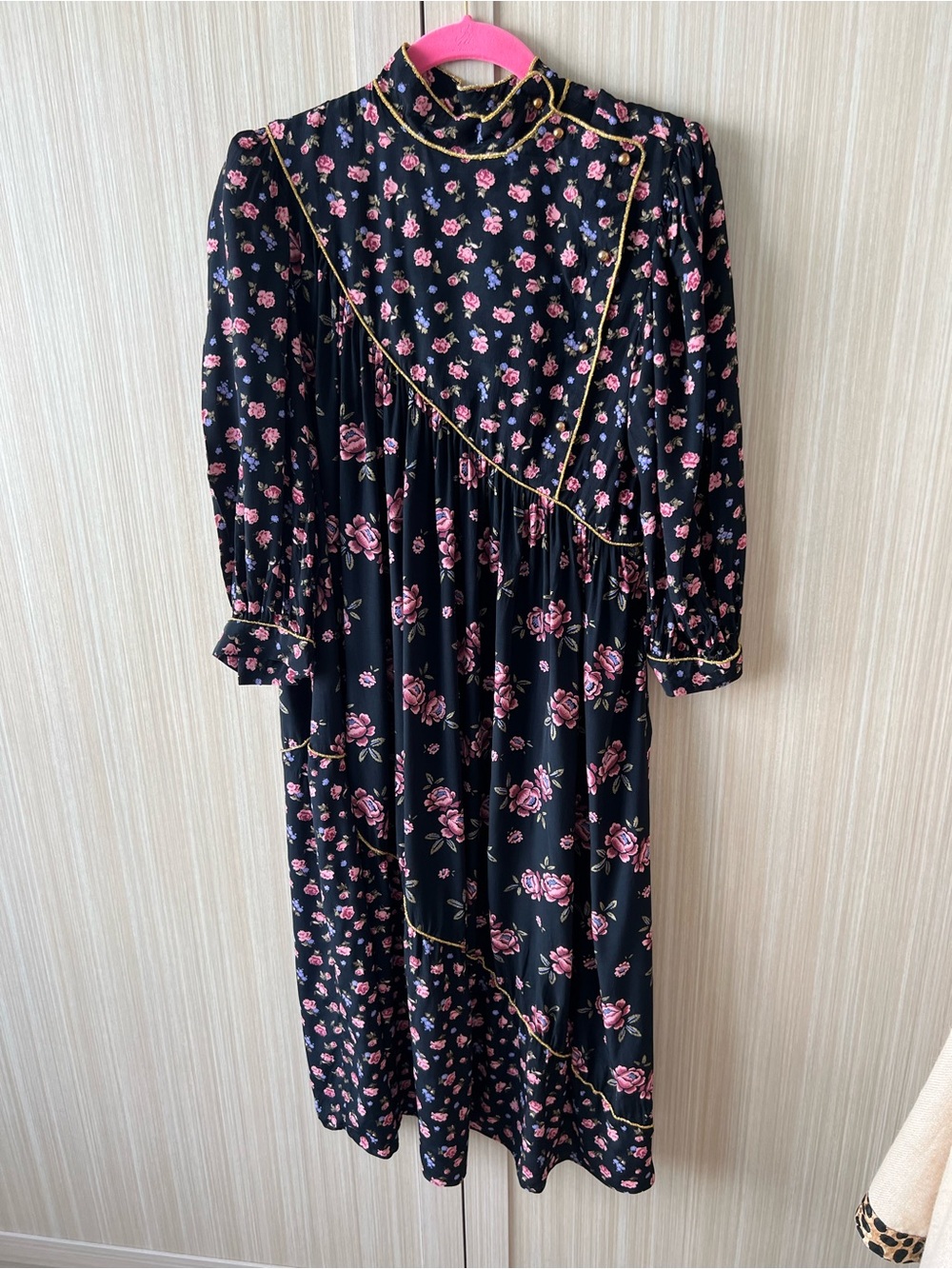 Vintage Black Dress with Pink Floral Print and Gold Trim Sz 12